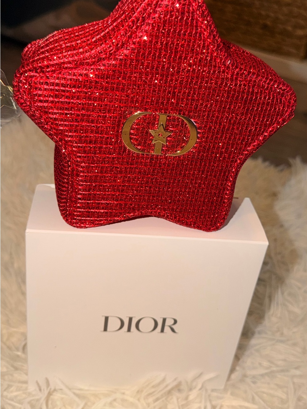 Dior Red Star-Shaped Glitter Card & Key Pouch with Gold Logo